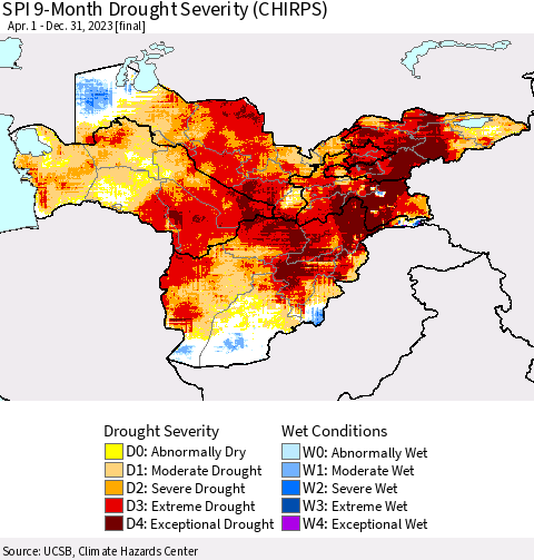 Central Asia SPI 9-Month Drought Severity (CHIRPS) Thematic Map For 4/1/2023 - 12/31/2023