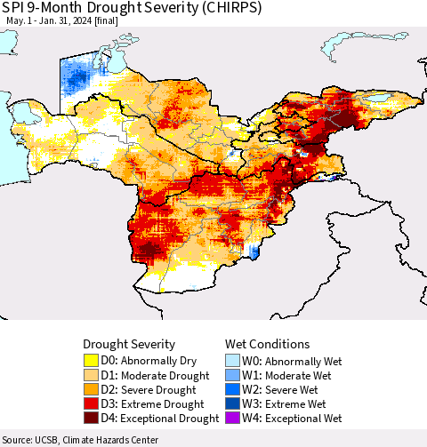 Central Asia SPI 9-Month Drought Severity (CHIRPS) Thematic Map For 5/1/2023 - 1/31/2024