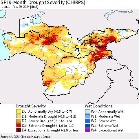 Central Asia SPI 9-Month Drought Severity (CHIRPS) Thematic Map For 6/1/2023 - 2/29/2024