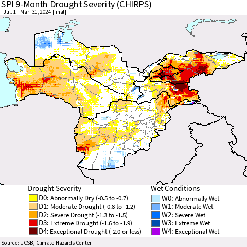 Central Asia SPI 9-Month Drought Severity (CHIRPS) Thematic Map For 7/1/2023 - 3/31/2024