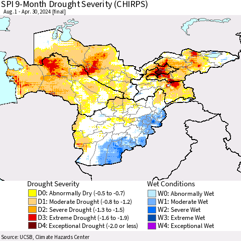 Central Asia SPI 9-Month Drought Severity (CHIRPS) Thematic Map For 8/1/2023 - 4/30/2024