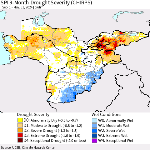 Central Asia SPI 9-Month Drought Severity (CHIRPS) Thematic Map For 9/1/2023 - 5/31/2024