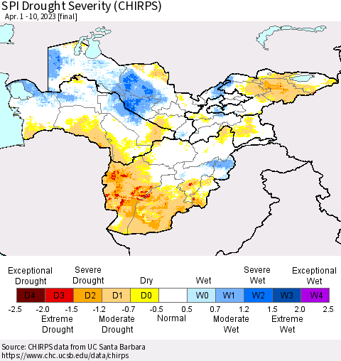Central Asia SPI Drought Severity (CHIRPS) Thematic Map For 4/1/2023 - 4/10/2023