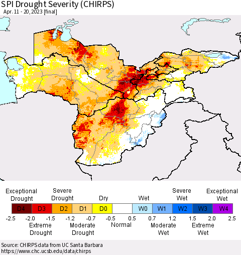 Central Asia SPI Drought Severity (CHIRPS) Thematic Map For 4/11/2023 - 4/20/2023