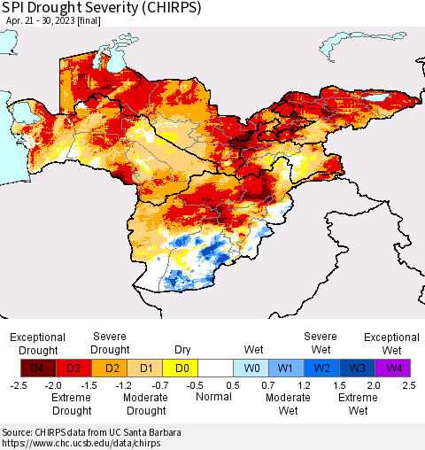 Central Asia SPI Drought Severity (CHIRPS) Thematic Map For 4/21/2023 - 4/30/2023
