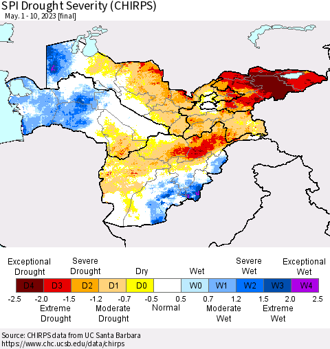 Central Asia SPI Drought Severity (CHIRPS) Thematic Map For 5/1/2023 - 5/10/2023