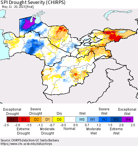 Central Asia SPI Drought Severity (CHIRPS) Thematic Map For 5/11/2023 - 5/20/2023