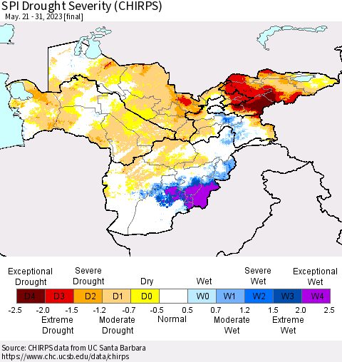 Central Asia SPI Drought Severity (CHIRPS) Thematic Map For 5/21/2023 - 5/31/2023