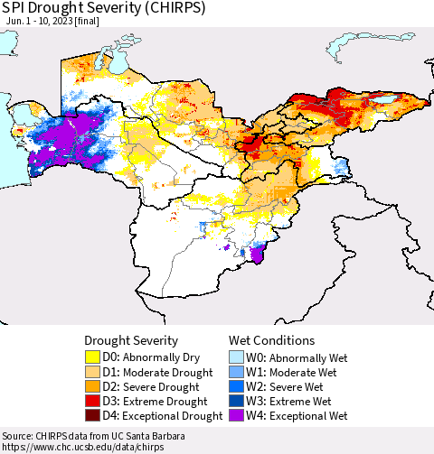 Central Asia SPI Drought Severity (CHIRPS) Thematic Map For 6/1/2023 - 6/10/2023