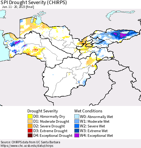 Central Asia SPI Drought Severity (CHIRPS) Thematic Map For 6/11/2023 - 6/20/2023