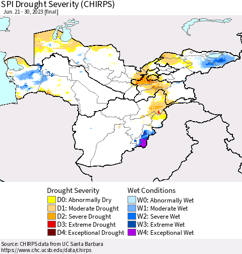 Central Asia SPI Drought Severity (CHIRPS) Thematic Map For 6/21/2023 - 6/30/2023