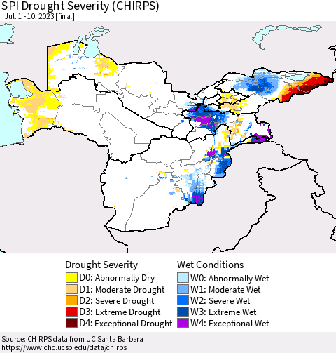 Central Asia SPI Drought Severity (CHIRPS) Thematic Map For 7/1/2023 - 7/10/2023