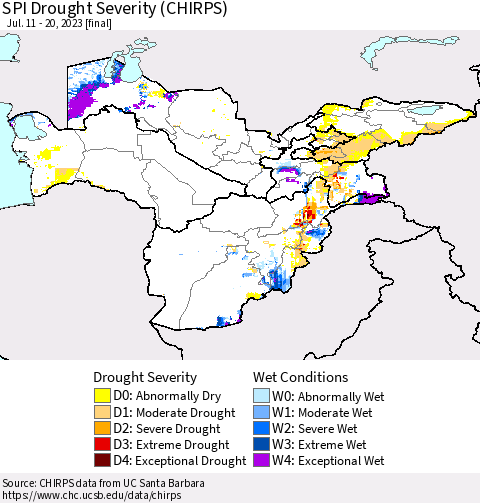 Central Asia SPI Drought Severity (CHIRPS) Thematic Map For 7/11/2023 - 7/20/2023