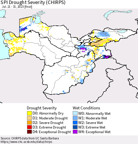 Central Asia SPI Drought Severity (CHIRPS) Thematic Map For 7/21/2023 - 7/31/2023