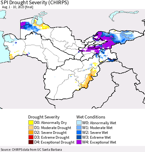 Central Asia SPI Drought Severity (CHIRPS) Thematic Map For 8/1/2023 - 8/10/2023