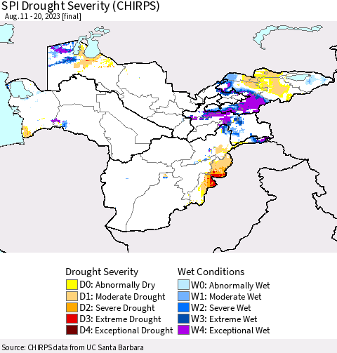 Central Asia SPI Drought Severity (CHIRPS) Thematic Map For 8/11/2023 - 8/20/2023