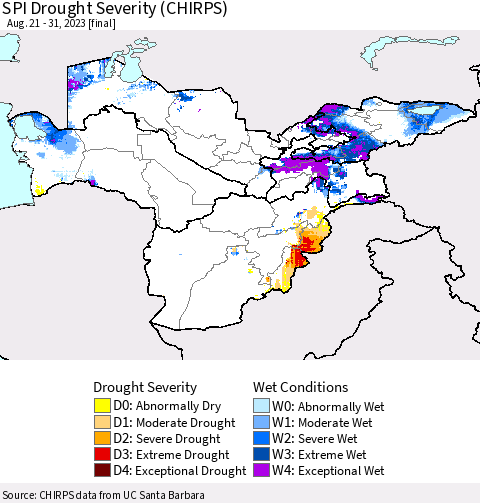 Central Asia SPI Drought Severity (CHIRPS) Thematic Map For 8/21/2023 - 8/31/2023