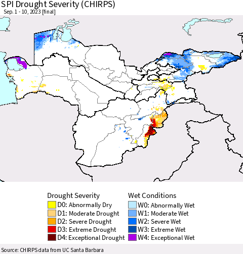 Central Asia SPI Drought Severity (CHIRPS) Thematic Map For 9/1/2023 - 9/10/2023