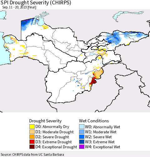Central Asia SPI Drought Severity (CHIRPS) Thematic Map For 9/11/2023 - 9/20/2023