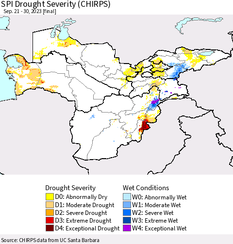 Central Asia SPI Drought Severity (CHIRPS) Thematic Map For 9/21/2023 - 9/30/2023