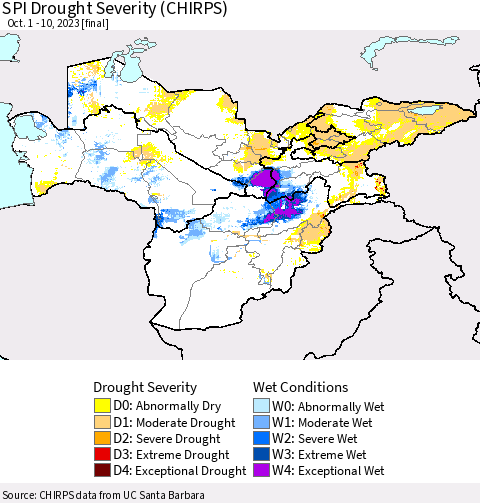Central Asia SPI Drought Severity (CHIRPS) Thematic Map For 10/1/2023 - 10/10/2023