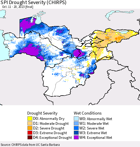Central Asia SPI Drought Severity (CHIRPS) Thematic Map For 10/11/2023 - 10/20/2023