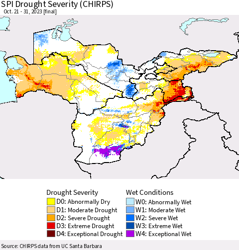 Central Asia SPI Drought Severity (CHIRPS) Thematic Map For 10/21/2023 - 10/31/2023