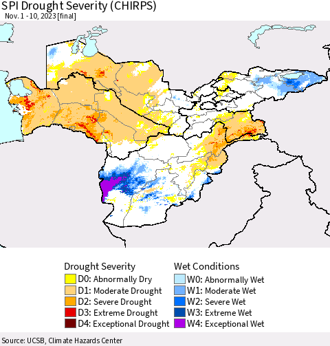 Central Asia SPI Drought Severity (CHIRPS) Thematic Map For 11/1/2023 - 11/10/2023