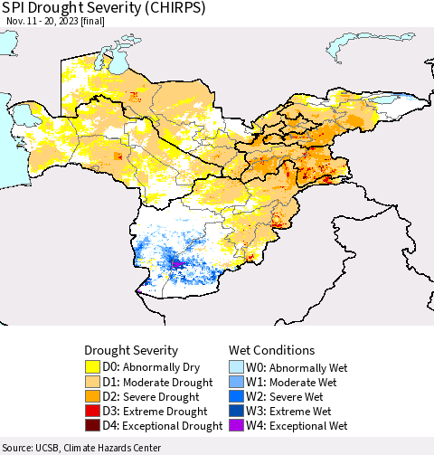 Central Asia SPI Drought Severity (CHIRPS) Thematic Map For 11/11/2023 - 11/20/2023