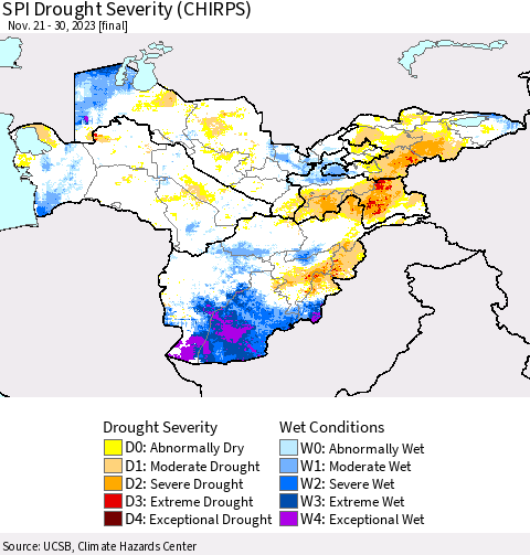 Central Asia SPI Drought Severity (CHIRPS) Thematic Map For 11/21/2023 - 11/30/2023