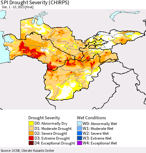 Central Asia SPI Drought Severity (CHIRPS) Thematic Map For 12/1/2023 - 12/10/2023