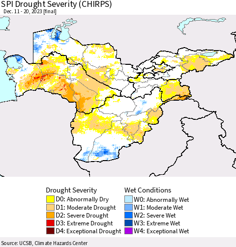 Central Asia SPI Drought Severity (CHIRPS) Thematic Map For 12/11/2023 - 12/20/2023