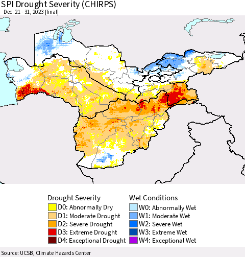 Central Asia SPI Drought Severity (CHIRPS) Thematic Map For 12/21/2023 - 12/31/2023