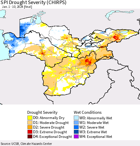 Central Asia SPI Drought Severity (CHIRPS) Thematic Map For 1/1/2024 - 1/10/2024