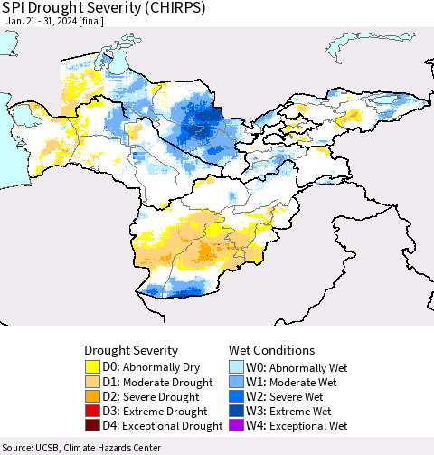 Central Asia SPI Drought Severity (CHIRPS) Thematic Map For 1/21/2024 - 1/31/2024
