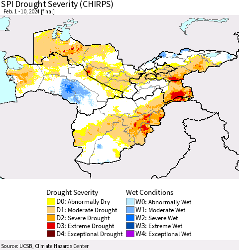 Central Asia SPI Drought Severity (CHIRPS) Thematic Map For 2/1/2024 - 2/10/2024