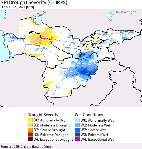 Central Asia SPI Drought Severity (CHIRPS) Thematic Map For 2/11/2024 - 2/20/2024