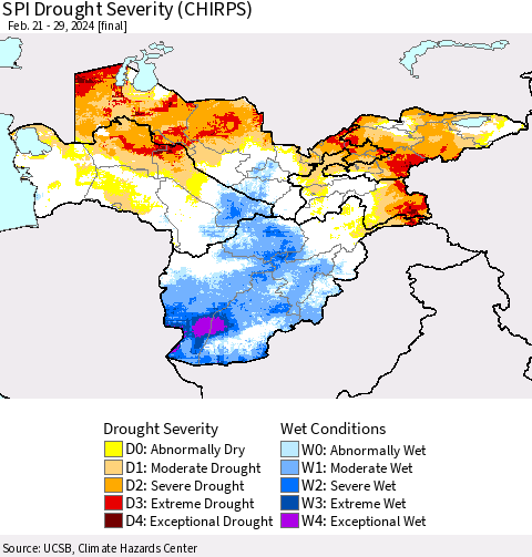 Central Asia SPI Drought Severity (CHIRPS) Thematic Map For 2/21/2024 - 2/29/2024