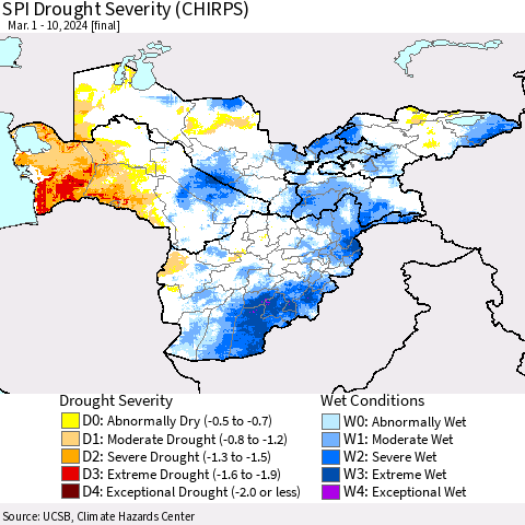 Central Asia SPI Drought Severity (CHIRPS) Thematic Map For 3/1/2024 - 3/10/2024