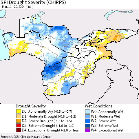 Central Asia SPI Drought Severity (CHIRPS) Thematic Map For 3/11/2024 - 3/20/2024