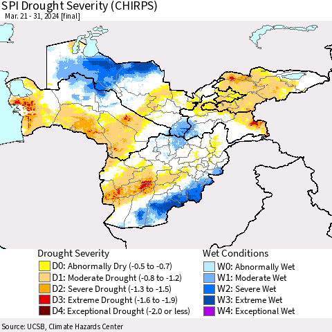 Central Asia SPI Drought Severity (CHIRPS) Thematic Map For 3/21/2024 - 3/31/2024