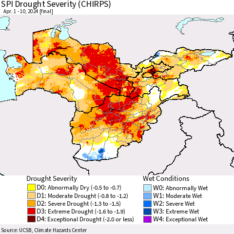 Central Asia SPI Drought Severity (CHIRPS) Thematic Map For 4/1/2024 - 4/10/2024