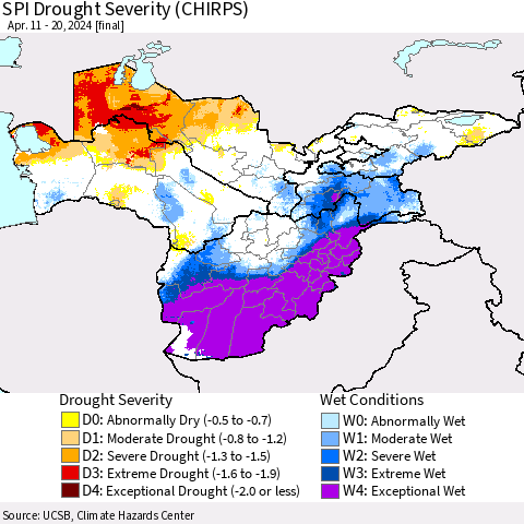 Central Asia SPI Drought Severity (CHIRPS) Thematic Map For 4/11/2024 - 4/20/2024