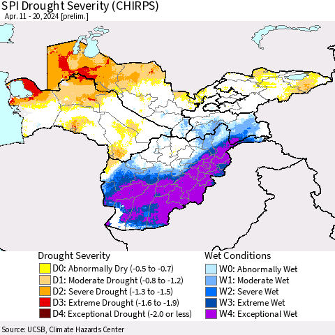 Central Asia SPI Drought Severity (CHIRPS) Thematic Map For 4/11/2024 - 4/20/2024