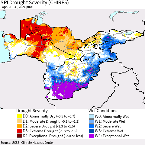 Central Asia SPI Drought Severity (CHIRPS) Thematic Map For 4/21/2024 - 4/30/2024