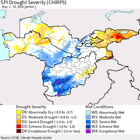 Central Asia SPI Drought Severity (CHIRPS) Thematic Map For 5/1/2024 - 5/10/2024