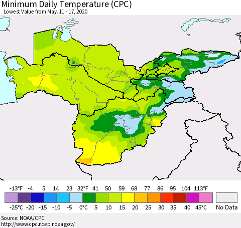 Central Asia Minimum Daily Temperature (CPC) Thematic Map For 5/11/2020 - 5/17/2020