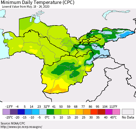 Central Asia Minimum Daily Temperature (CPC) Thematic Map For 5/18/2020 - 5/24/2020