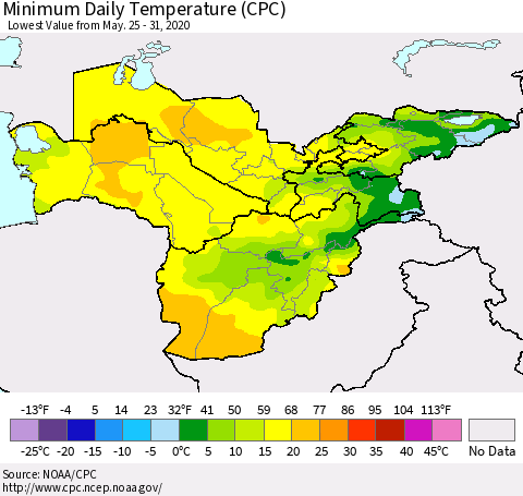 Central Asia Minimum Daily Temperature (CPC) Thematic Map For 5/25/2020 - 5/31/2020