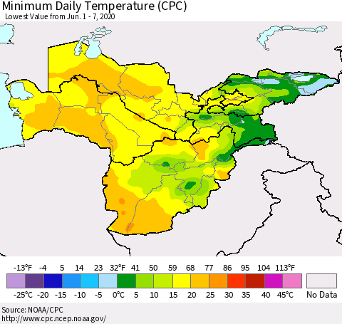 Central Asia Minimum Daily Temperature (CPC) Thematic Map For 6/1/2020 - 6/7/2020